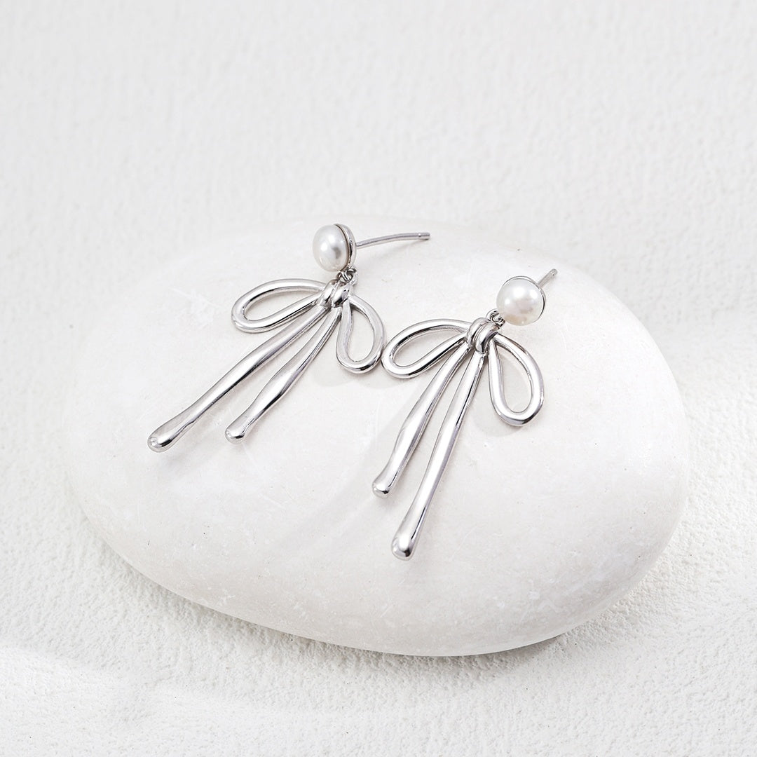 Vintage Bow Knot Pearl Earrings | S925 Sterling Silver Retro Gold & Platinum Natural Pearl Drop Earrings