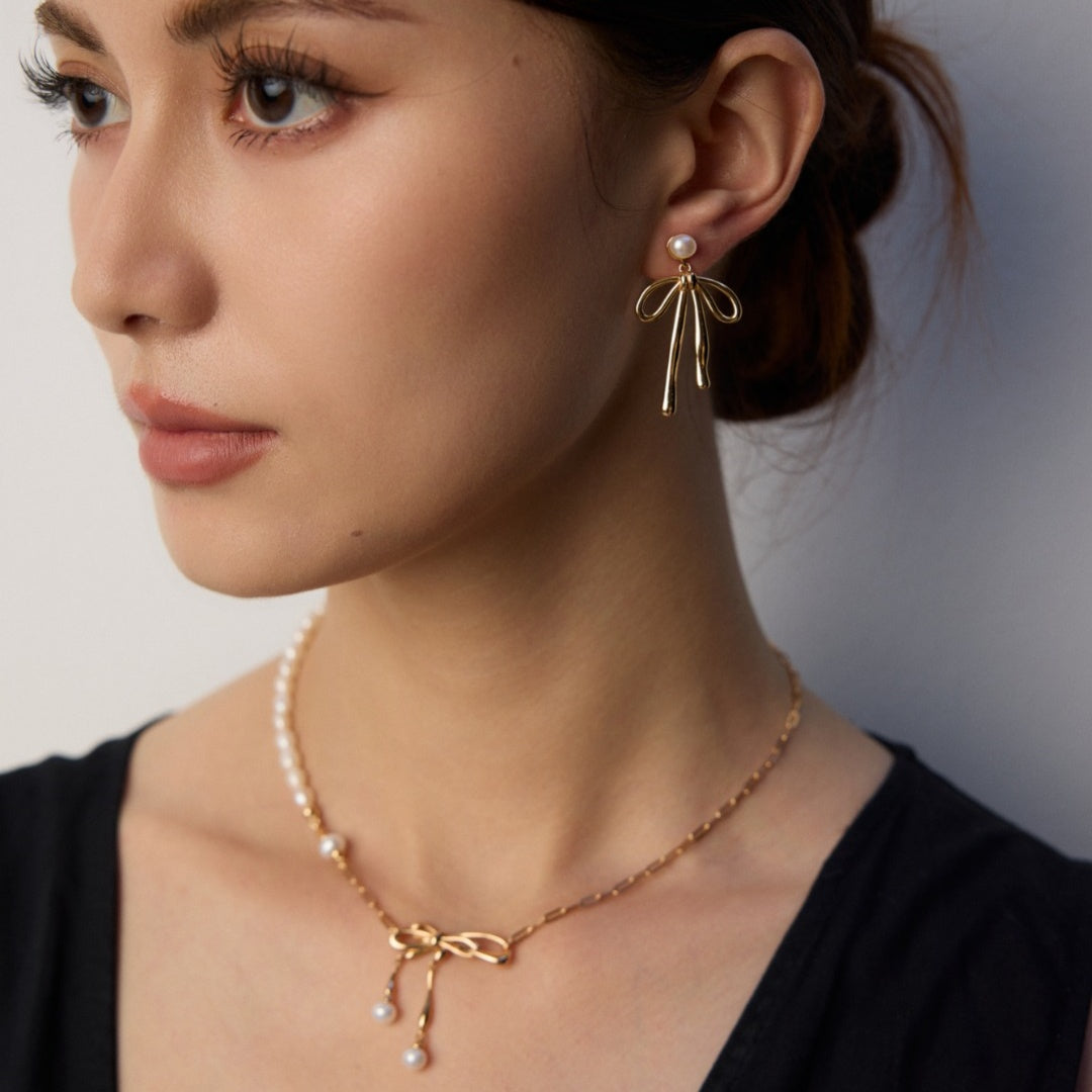 Vintage Bow Knot Pearl Earrings | S925 Sterling Silver Retro Gold & Platinum Natural Pearl Drop Earrings