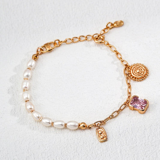 Vintage S925 Sterling Silver Pearl Bracelet with Zircon and Charms – Natural Freshwater Pearls, Retro Gold Finish