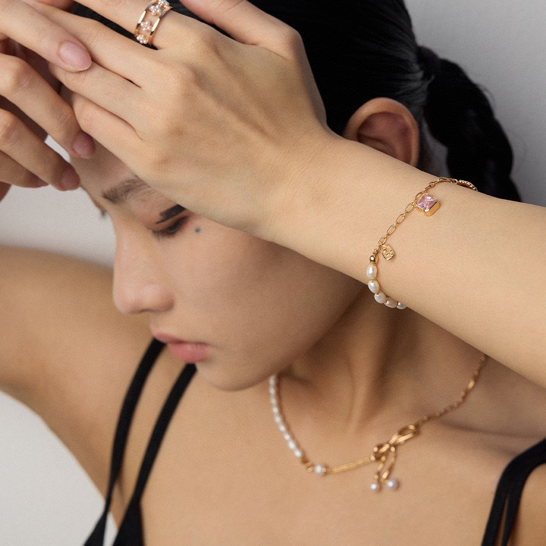 Vintage S925 Sterling Silver Pearl Bracelet with Zircon and Charms – Natural Freshwater Pearls, Retro Gold Finish