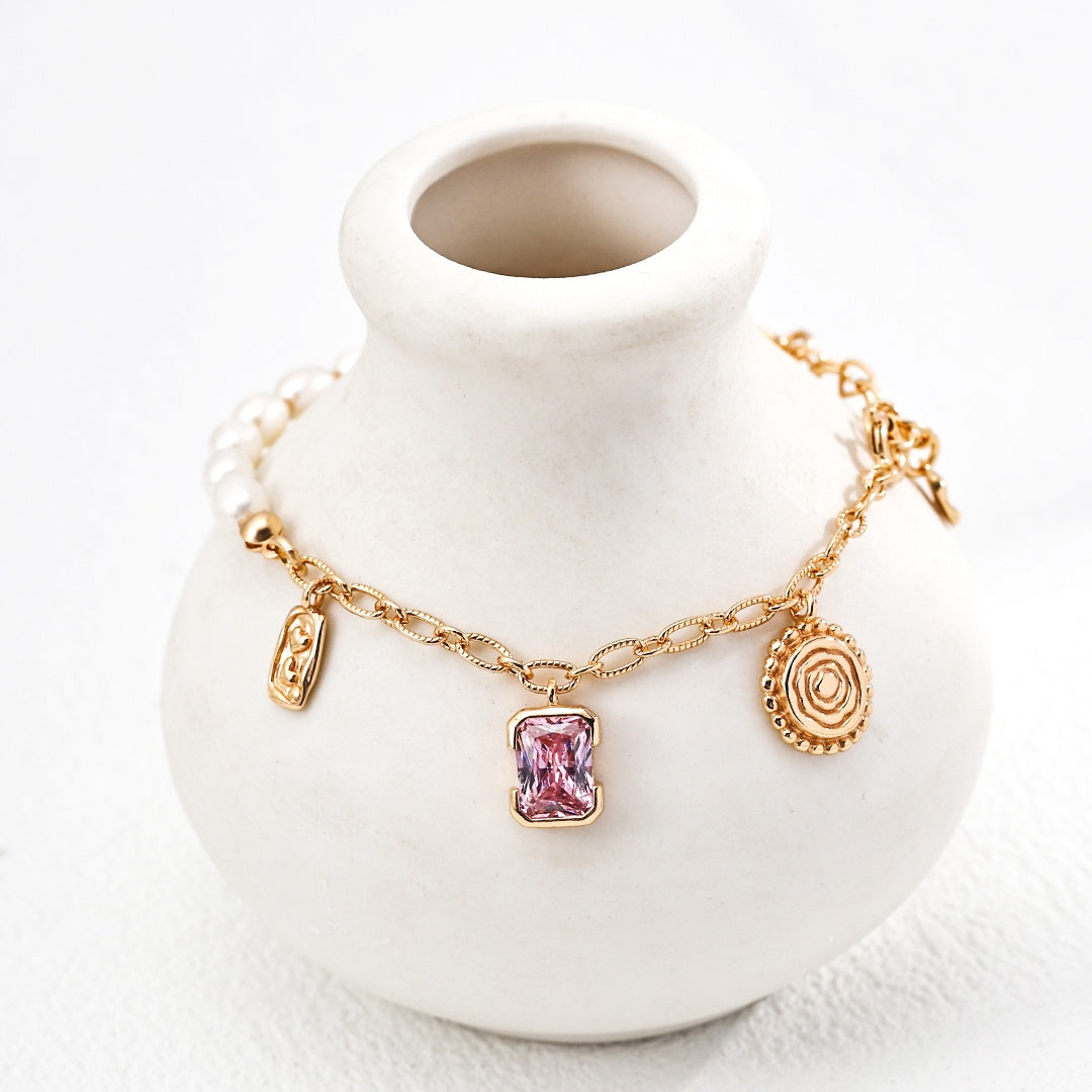 Vintage S925 Sterling Silver Pearl Bracelet with Zircon and Charms – Natural Freshwater Pearls, Retro Gold Finish