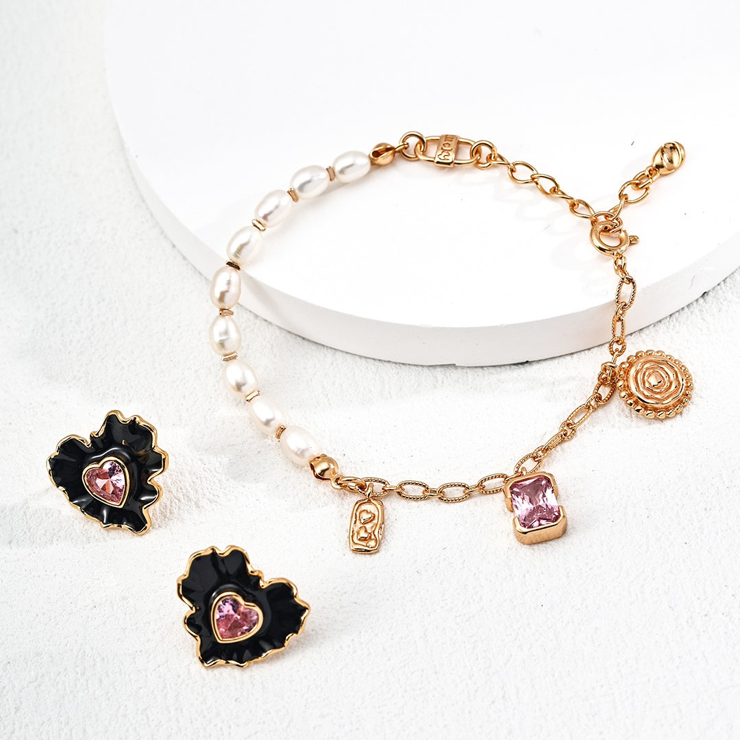 Vintage S925 Sterling Silver Pearl Bracelet with Zircon and Charms – Natural Freshwater Pearls, Retro Gold Finish