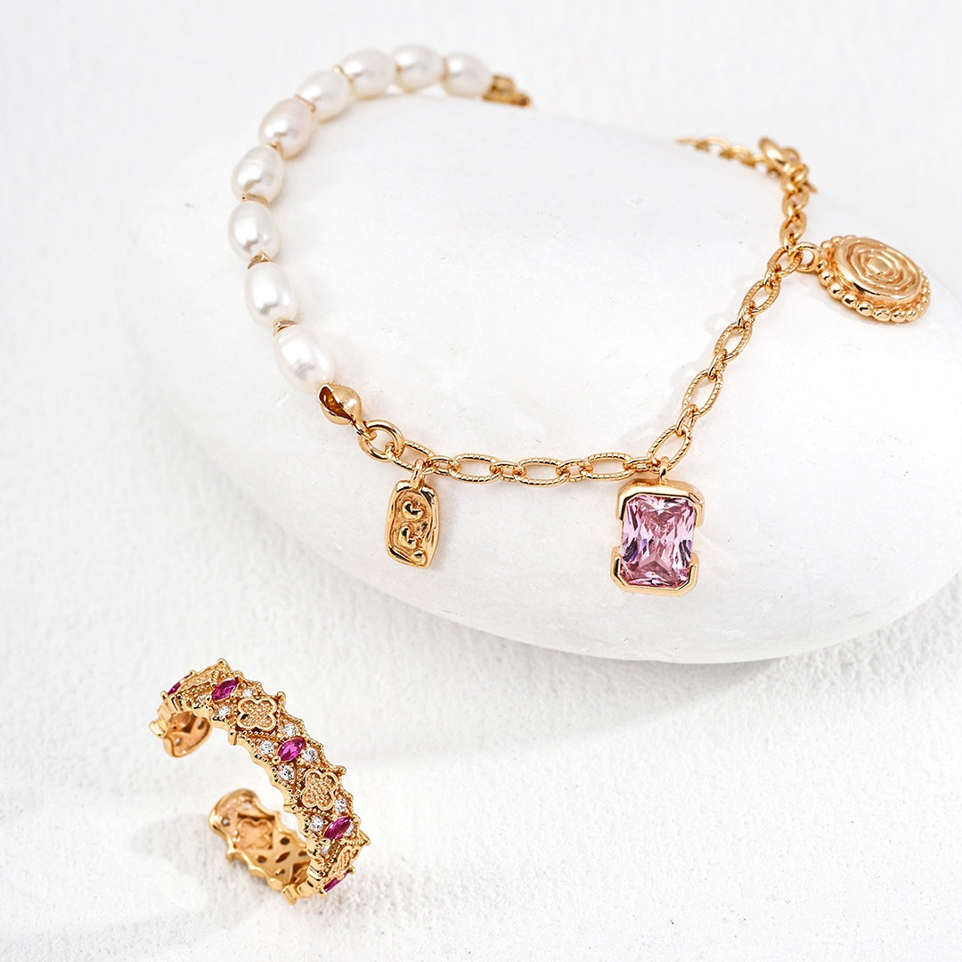 Vintage S925 Sterling Silver Pearl Bracelet with Zircon and Charms – Natural Freshwater Pearls, Retro Gold Finish